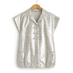 Lerario Beatriz Silver Metallic Grid Bow Snap Cap Sleeves Architectural Blouse